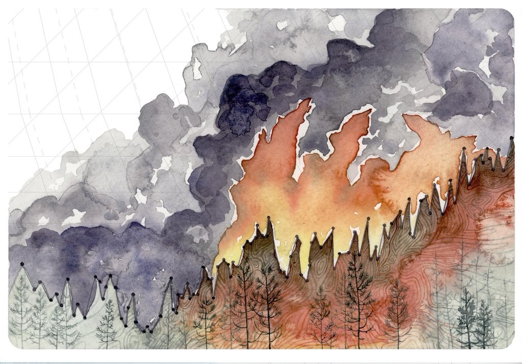 Quest'infografica mostra l'aumento degli incendi forestali dovuto all'innalzamento delle temperature dal 1880 a oggi (© Jill Pelto)